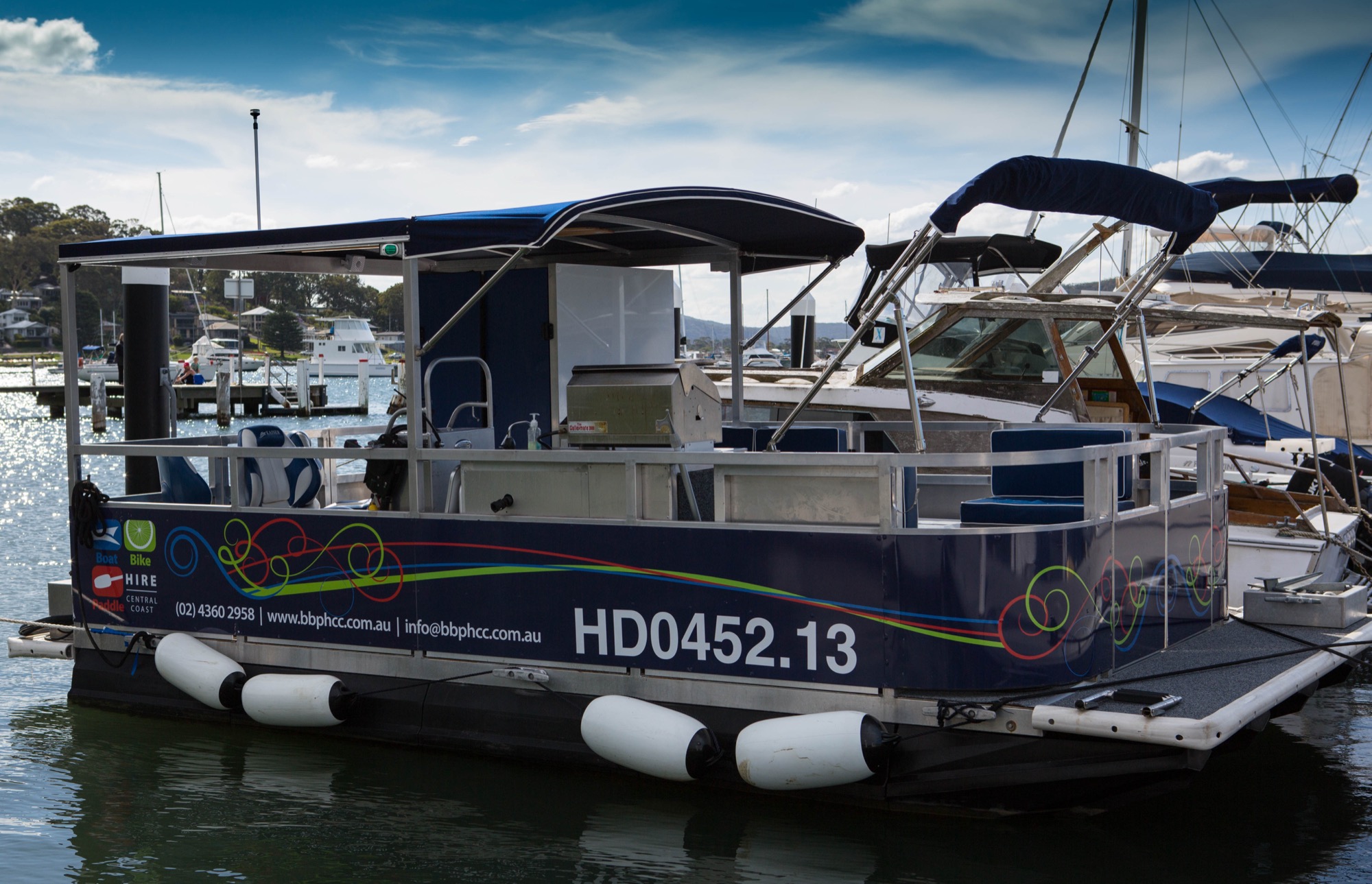 A BBQ pontoon tied up at the Hardys Bay jetty